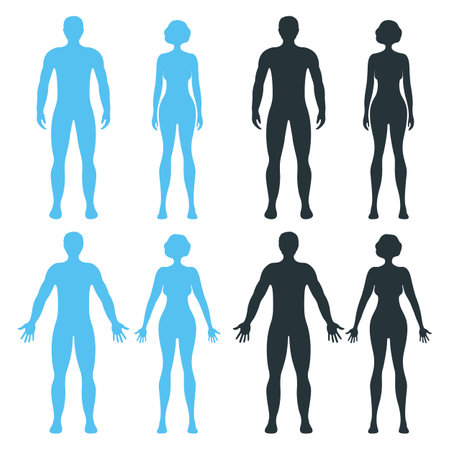 Male and female human character, people man woman front and view side body silhouette, isolated on white, flat vector illustration. Black and blue mannequin people scale concept.のイラスト素材