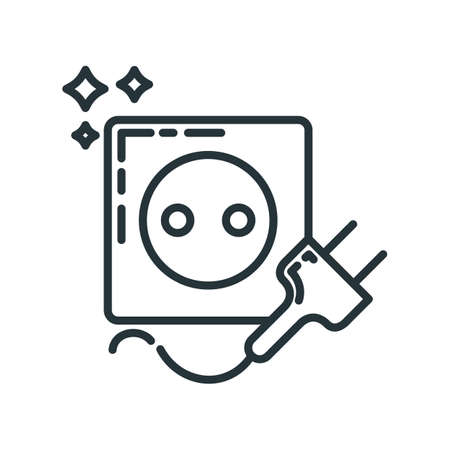 Power socket outlet with plug connector icon, concept electric appliance device flat line vector illustration art, isolated on white. Design home electrical wiring.のイラスト素材