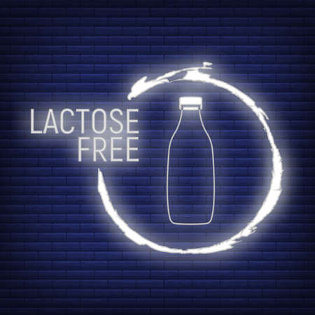 Lactose Free. Allergen food, GMO free products neon icon and logo. Intolerance and allergy food. Concept black and simple vector illustration and isolated on dark brickwork.のイラスト素材