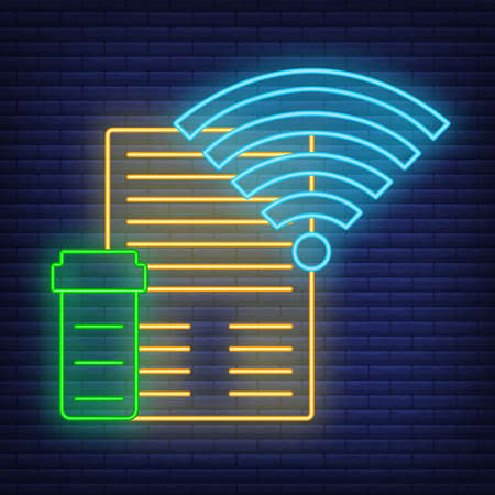 Online Recipe Icon neon. Concept for Healthcare Medicine and Lifestyle. Outline Virtual Doctor. Medical Symbol, Icon and Badge. Simple Vector illustration on dark brickwork.のイラスト素材