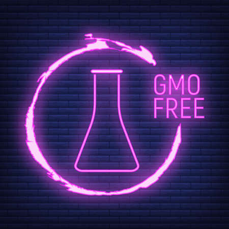 GMO free. Allergen food, products neon icon and logo. Intolerance and allergy food. Concept black and simple vector illustration and isolated on dark brickwork.のイラスト素材