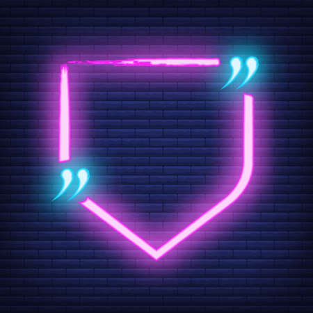 Concept neon quote blank icon and label, colorful phrase vector illustration, isolated dark brickwork background. Template for note, message, comment.のイラスト素材