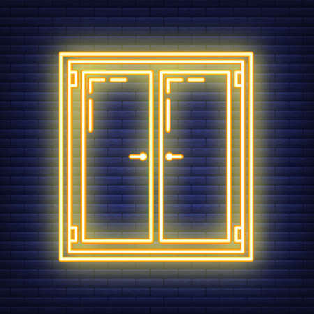 Window neon aperture home icon, house renovation concept line flat vector illustration, isolated on dark brickwork. Design front decoration casement.のイラスト素材