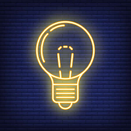 Yellow neon electric light bulb home icon, concept lamp line flat vector illustration, isolated on dark brickwork. Lighting device stuff.のイラスト素材