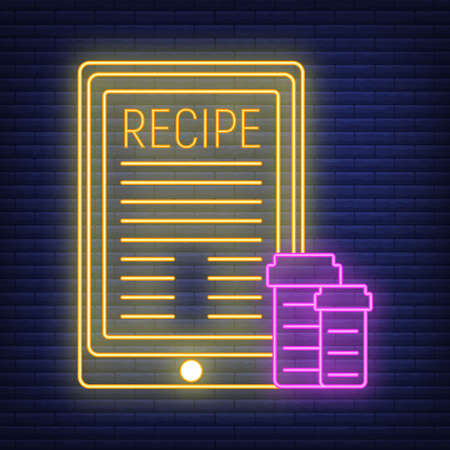 Online Recipe Icon neon. Concept for Healthcare Medicine and Lifestyle. Outline Virtual Doctor. Medical Symbol, Icon and Badge. Simple Vector illustration on dark brickwork.のイラスト素材
