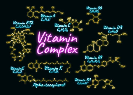 Vitamin Complex B1, B6, B9, B12, K, A, E, C Label and Icon glow neon style vector Illustration, isolated on wall background. Chemical Formula and Structure.のイラスト素材