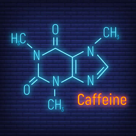 Caffeine glow neon style concept chemical formula icon label, text font vector illustration, isolated on wall background. Periodic element table, addictive drink stuff.のイラスト素材