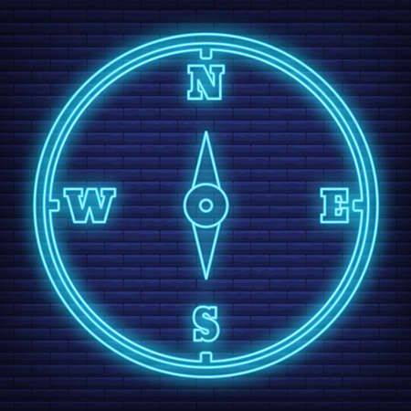 Concept neon glow style tourism equipment magnetic compass icon, trip web element, vector illustration, isolated on black brick wall background.のイラスト素材