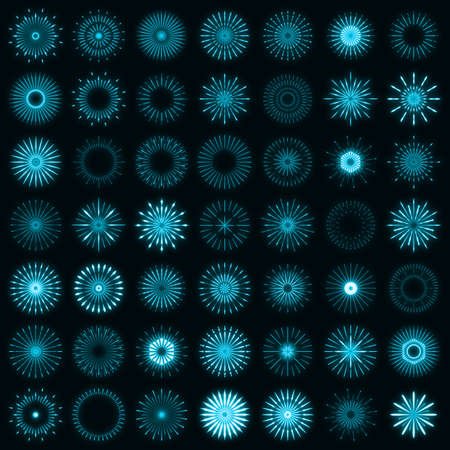 Retro set of light sunburst neon style glow geometric shape, vintage rays sunlight explosion icon concept vector illustration, isolated on black wall. Minimal blue firework burst label, sunbeam badge.のイラスト素材