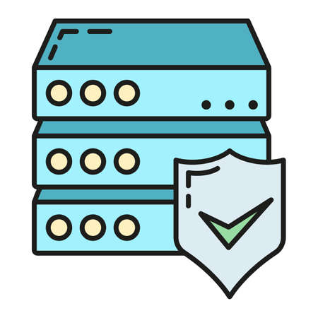 Remote computer server data exchange cloud icon protect database storage, technology information outline flat vector illustration, isolated on white. Concept web tool security backup information.のイラスト素材
