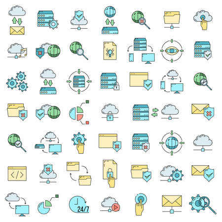 Set of online database cloud computer technology icon, remote data storage, protect information outline flat vector illustration, isolated on white. Concept modern web server tool security.のイラスト素材