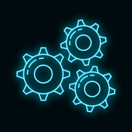 Setting gear computer technology icon neon glow style, remote data storage, protect information outline flat vector illustration, isolated on white. Concept modern web server tool cloud security.のイラスト素材