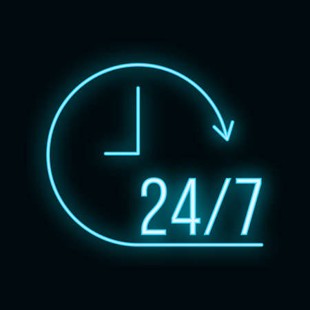24 on 7 customer service icon neon glow style outline flat vector illustration, isolated on white.