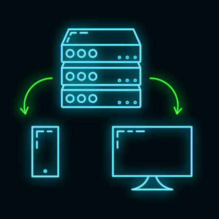 Remote computer server data cloud icon glow neon style, protect database storage technology outline...