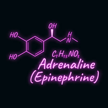 Human hormone adrenaline, epinephrine element concept chemical skeletal formula icon label, text neon glow vector illustration, isolated on black. Healthy lifestyle endocrine system.のイラスト素材