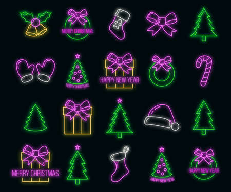 Concept set of christmas 20 icon, neon glow style, happy new year and merry christmas flat vector illustration, isolated on black. Xmas holiday winter time.のイラスト素材