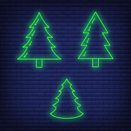 Concept christmas fir tree icon green neon glow style, happy new year and merry christmas flat vector illustration, isolated on black.のイラスト素材