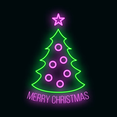 Concept christmas fir tree icon with star green neon glow style, happy new year and merry christmas flat vector illustration, isolated on black. Xmas holiday winter time.のイラスト素材
