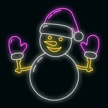 Concept christmas cheerful snowman in hat icon neon glow style, happy new year and merry christmas flat vector illustration, isolated on black. Xmas holiday winter time.のイラスト素材