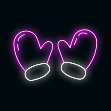 Concept christmas gloves icon neon glow style, happy new year and merry christmas flat vector illustration, isolated on black. Xmas holiday winter time.のイラスト素材