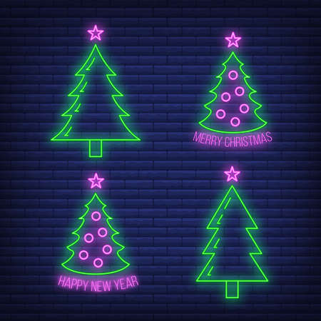 Concept christmas fir tree icon with star green neon glow style, happy new year and merry christmas flat vector illustration, isolated on black. Xmas holiday winter time.のイラスト素材