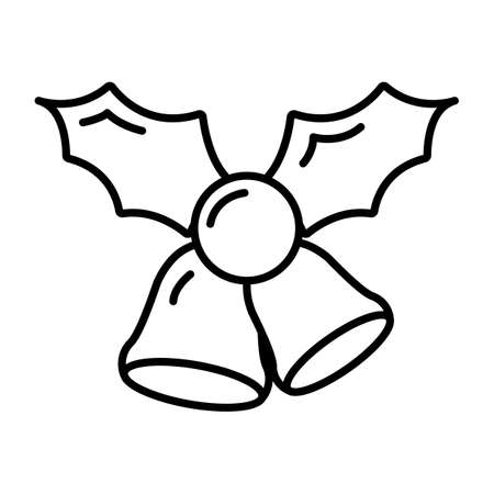 Concept christmas bell with green leaf icon outline style, happy new year and merry christmas flat vector illustration, isolated on white. Xmas holiday winter time.のイラスト素材