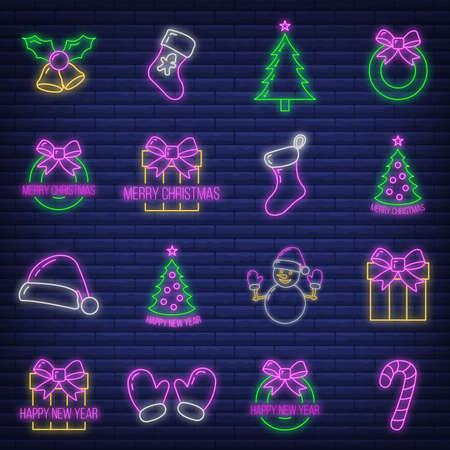 Concept set of christmas 16 icon, neon glow style, happy new year and merry christmas flat vector illustration, isolated on brick black. Xmas holiday winter time.のイラスト素材