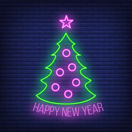 Concept christmas fir tree icon with star green neon glow style, happy new year and merry christmas flat vector illustration, isolated on brick black. Xmas holiday winter time.のイラスト素材