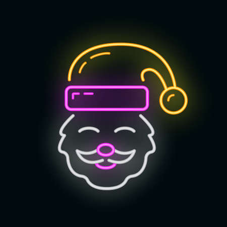 Concept happy new year, merry christmas santa claus face icon, neon glow xmas label holiday winter time flat vector illustration, isolated symbol on white.のイラスト素材