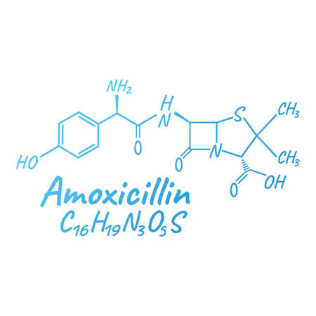 Amoxicillin antibiotic chemical formula and composition, concept structural medical drug, isolated on white background, vector illustration. Antibacterial medicament biochemical organic product.のイラスト素材