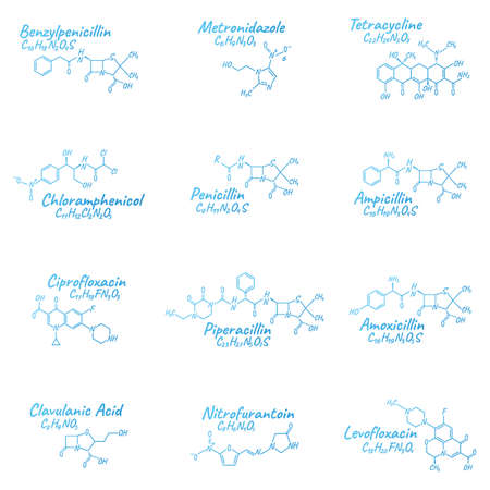 Set of antibiotic chemical formula and composition, concept structural medical drug, isolated on white background, vector illustration. Antibacterial medicament biochemical organic product.のイラスト素材