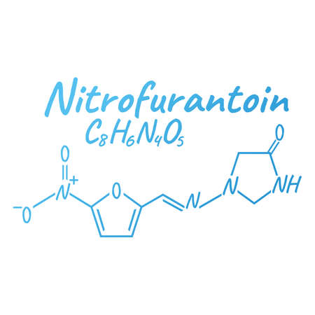 Nitrofurantoin antibiotic chemical formula and composition, concept structural medical drug, isolated on white background, vector illustration. Antibacterial medicament biochemical organic product.のイラスト素材