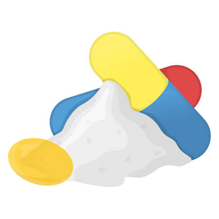 Medicinal drug product for disease treatment, concept icon pharmacological medical antibiotic capsule flat vector illustration, isolated on white. Narcotic pain reliever stuff, painkiller addictive.のイラスト素材
