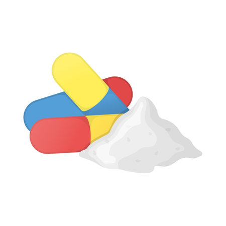 Medicinal drug product for disease treatment, concept icon pharmacological medical antibiotic capsule flat vector illustration, isolated on white. Narcotic pain reliever stuff, painkiller addictive.のイラスト素材
