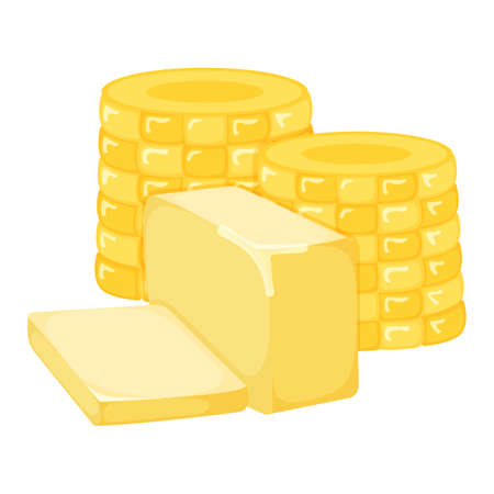 Ear of sweet corn with milk product natural ingredient butter, margarine icon, breakfast organic dairy cartoon vector illustration, isolated on white. Concept high calorie creamery fat food.のイラスト素材