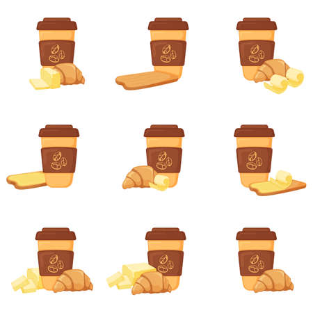 French growing with coffee cup, breakfast butter bakery product icon, concept cartoon organic beverage food vector illustration, isolated on white. High calorie creamery flour bake food.のイラスト素材