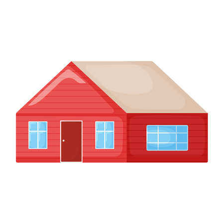 Cute red country house, summer cottage building modern cartoon vector illustration, isolated on white. Cozy outdoor place to live.のイラスト素材