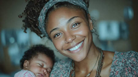 Young mother smiling and holding her sleeping newborn baby, enjoying a tender moment of motherhoodの素材