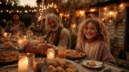 Happy family enjoying thanksgiving dinner together outdoors at sunset with roasted turkey, candles and string lightsの素材