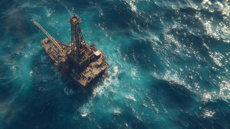 Aerial view capturing an oil rig extracting petroleum amidst the vast expanse of a deep blue ocean, highlighting industrial energy productionの素材