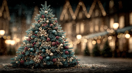 Christmas tree decorated with ornaments and lights stands in a town square during snowfall, creating a festive atmosphereの素材