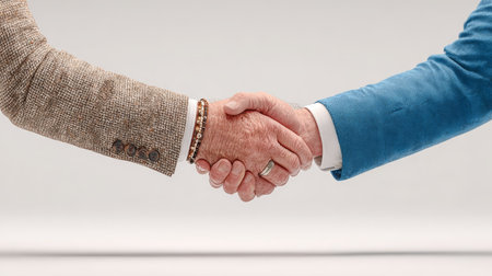 Two businessmen engaging in a handshake, finalizing a deal or agreement, set against a clean white backgroundの素材