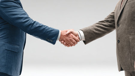 Close up of two senior businessmen shaking hands, sealing a deal or partnership on a gray backgroundの素材