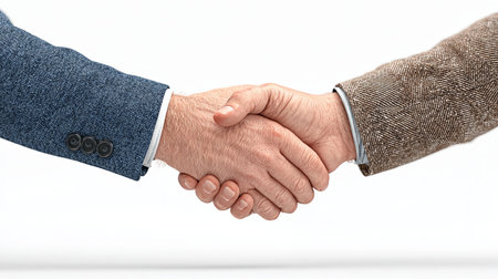 Two businessmen shaking hands, celebrating a successful agreement on a clean white background, symbolizing partnership and collaborationの素材