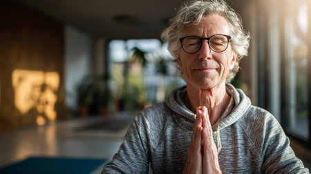 Relaxed senior man meditating with closed eyes and joined hands at home, enjoying a moment of mindfulnessの素材