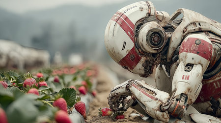 Futuristic robot delicately harvests ripe strawberries in a technologically advanced farm, showing the potential of automation in agricultureの素材