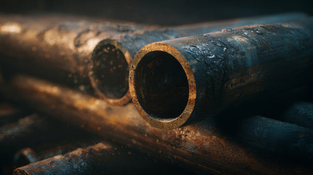 Close-up view of corroded metal pipes, showcasing industrial decay and the effects of time on weathered surfaces and rusty texturesの素材