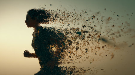 Particles breaking away from a female athlete running in slow motion, suggesting effort and determinationの素材