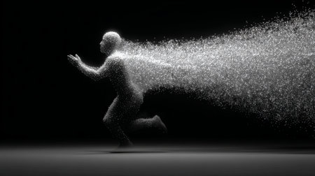Particle man running forward and dissolving into a sparkling trail of light, against a black backgroundの素材