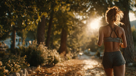 Fit woman is jogging in a park at sunset, enjoying the fresh air and exercising outdoors for a healthy lifestyleの素材